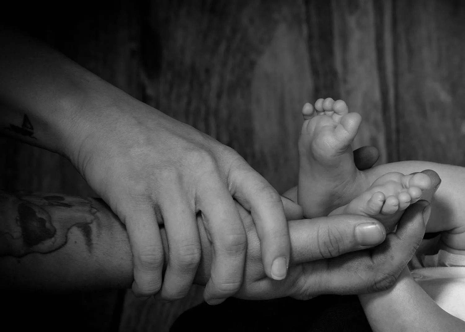 Adult's Hands Cradle Tiny Baby Feet in Black and White, a Gesture of Care — Dale Wright Portrait Maker in Shepparton, VIC