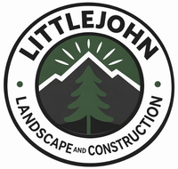Logo for Little John Landscape and Construction: Mountain and tree graphic, text is 