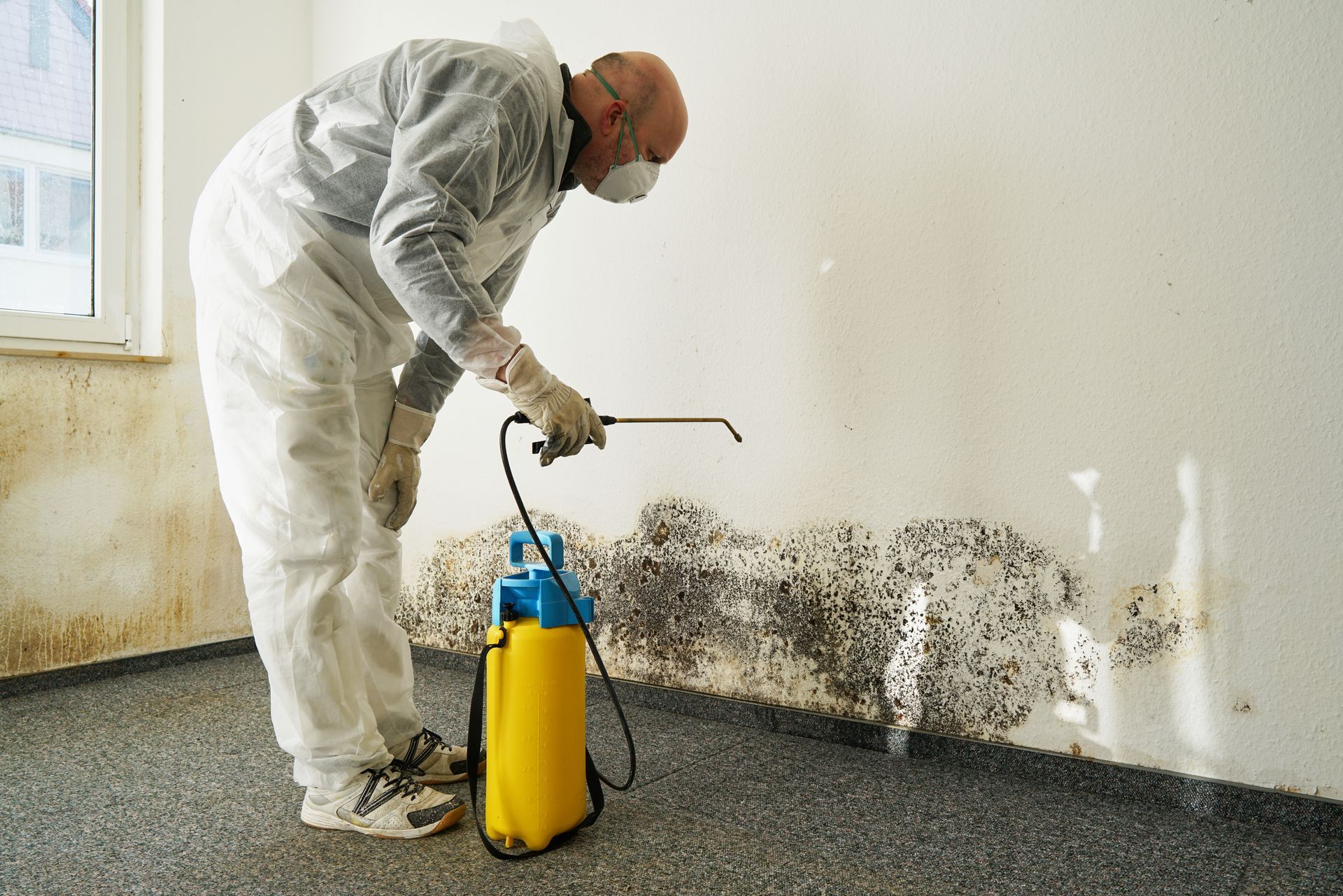 Specialist wearing protective gear and equipment while addressing severe mold infestation in an apartment.
