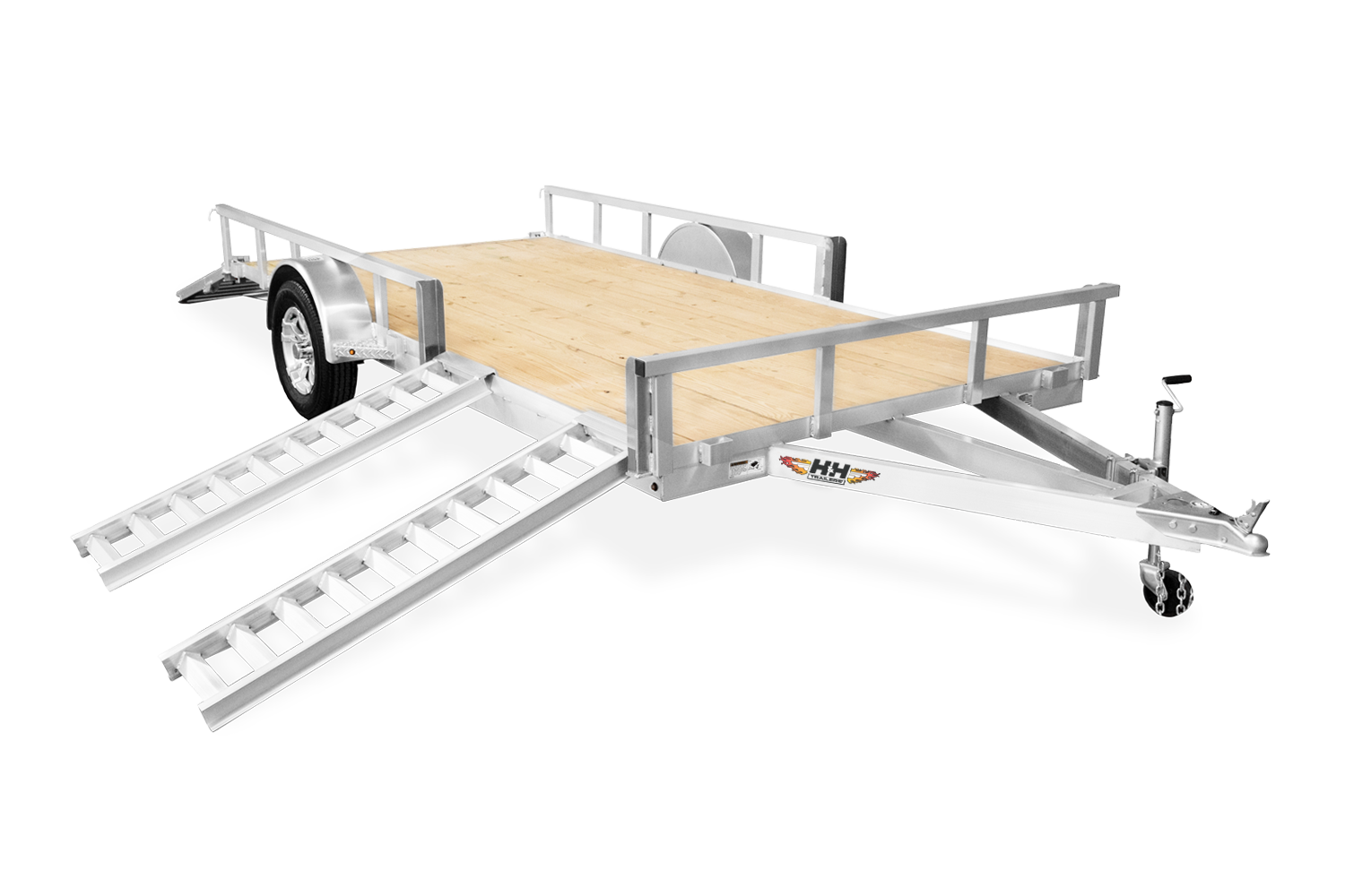Aluminum utility trailer with loading ramps.