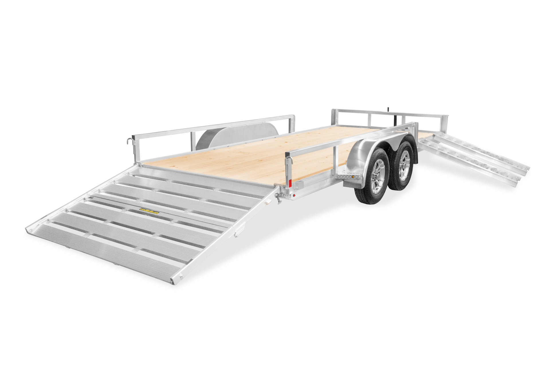 Aluminum trailer with loading ramps, on a white background.