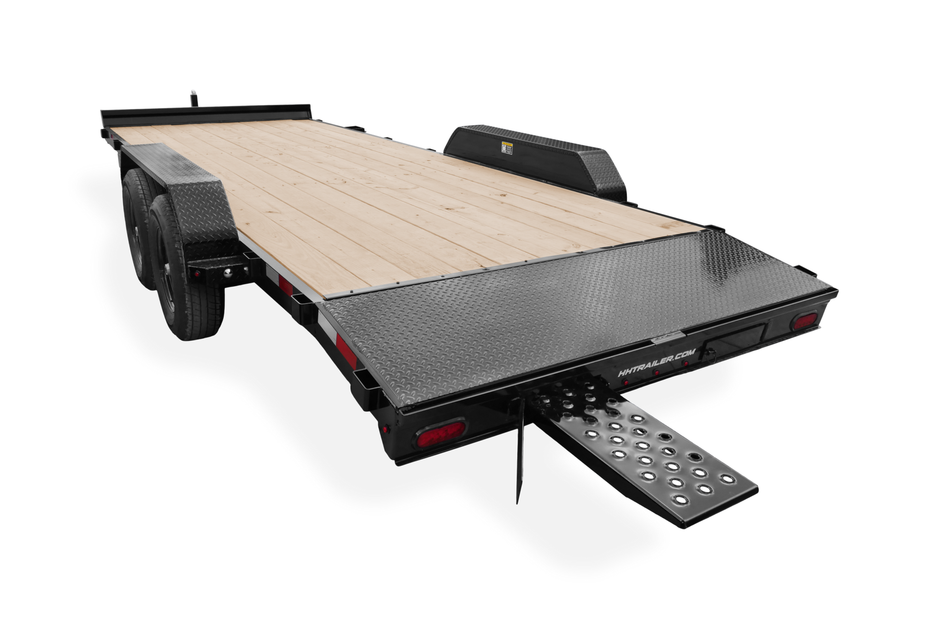 Black car hauler trailer with wooden deck, ramp lowered, on white background.