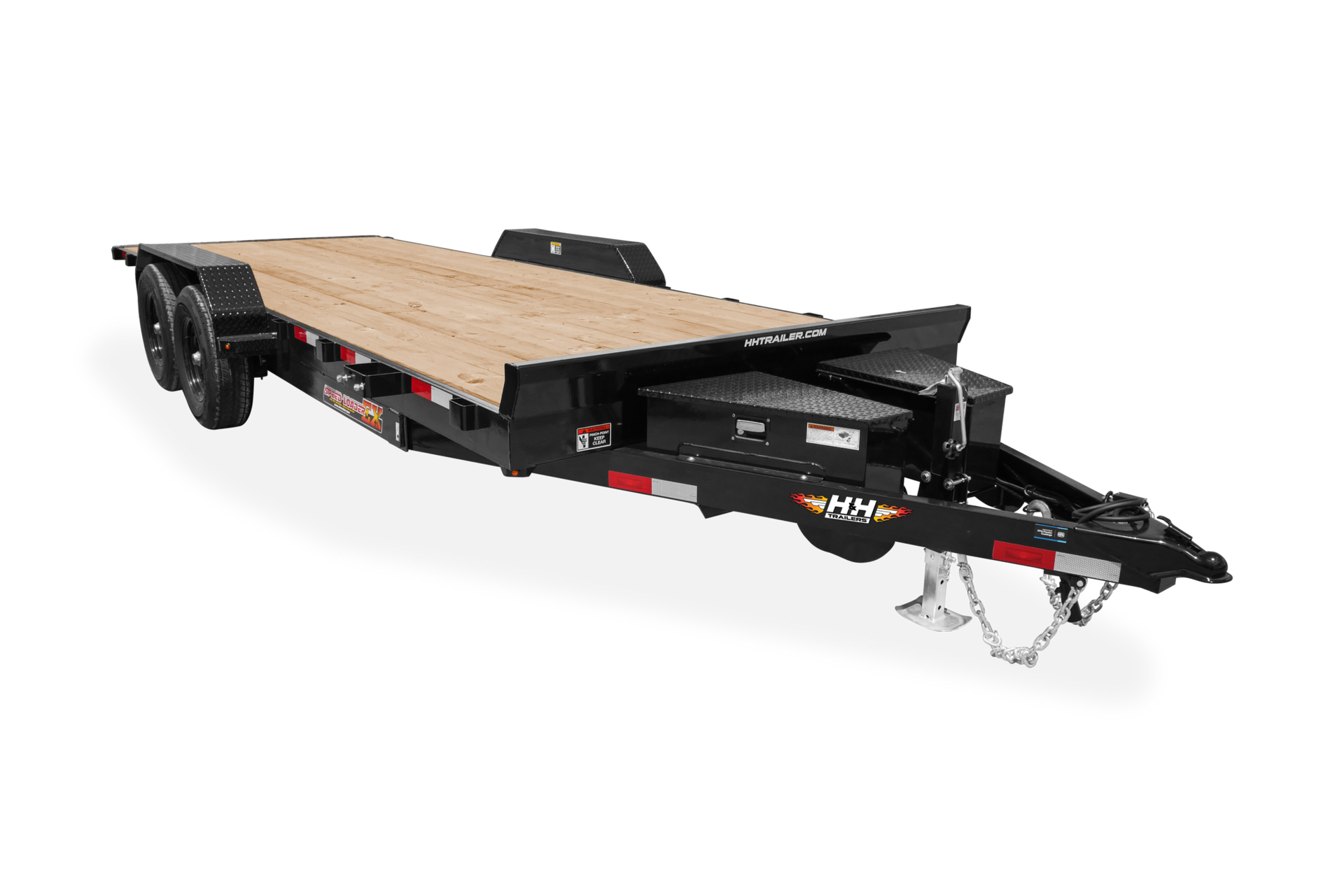 Black and brown heavy-duty trailer with a wooden deck, ready for cargo.