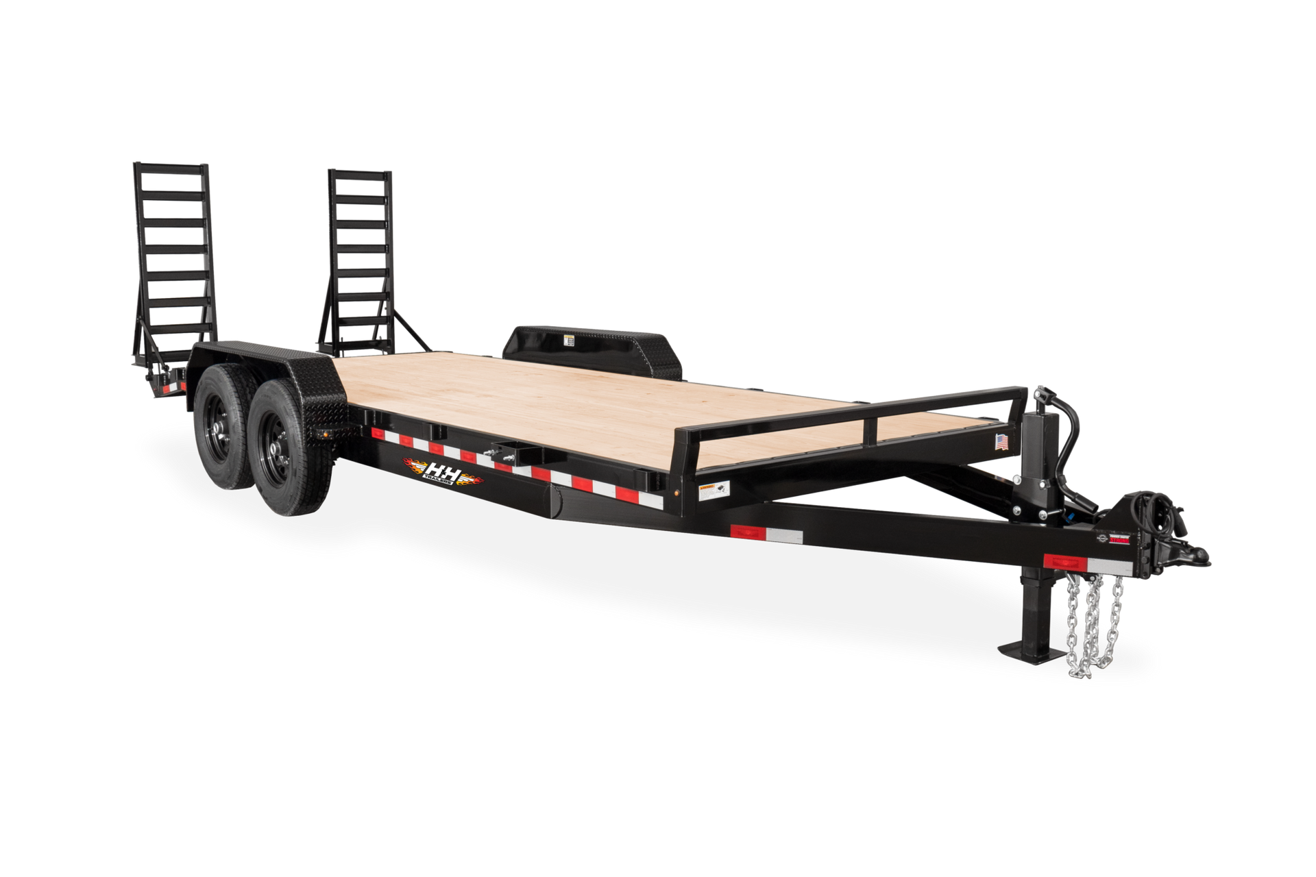 Black flatbed trailer with wooden deck and ramps, on a white background.