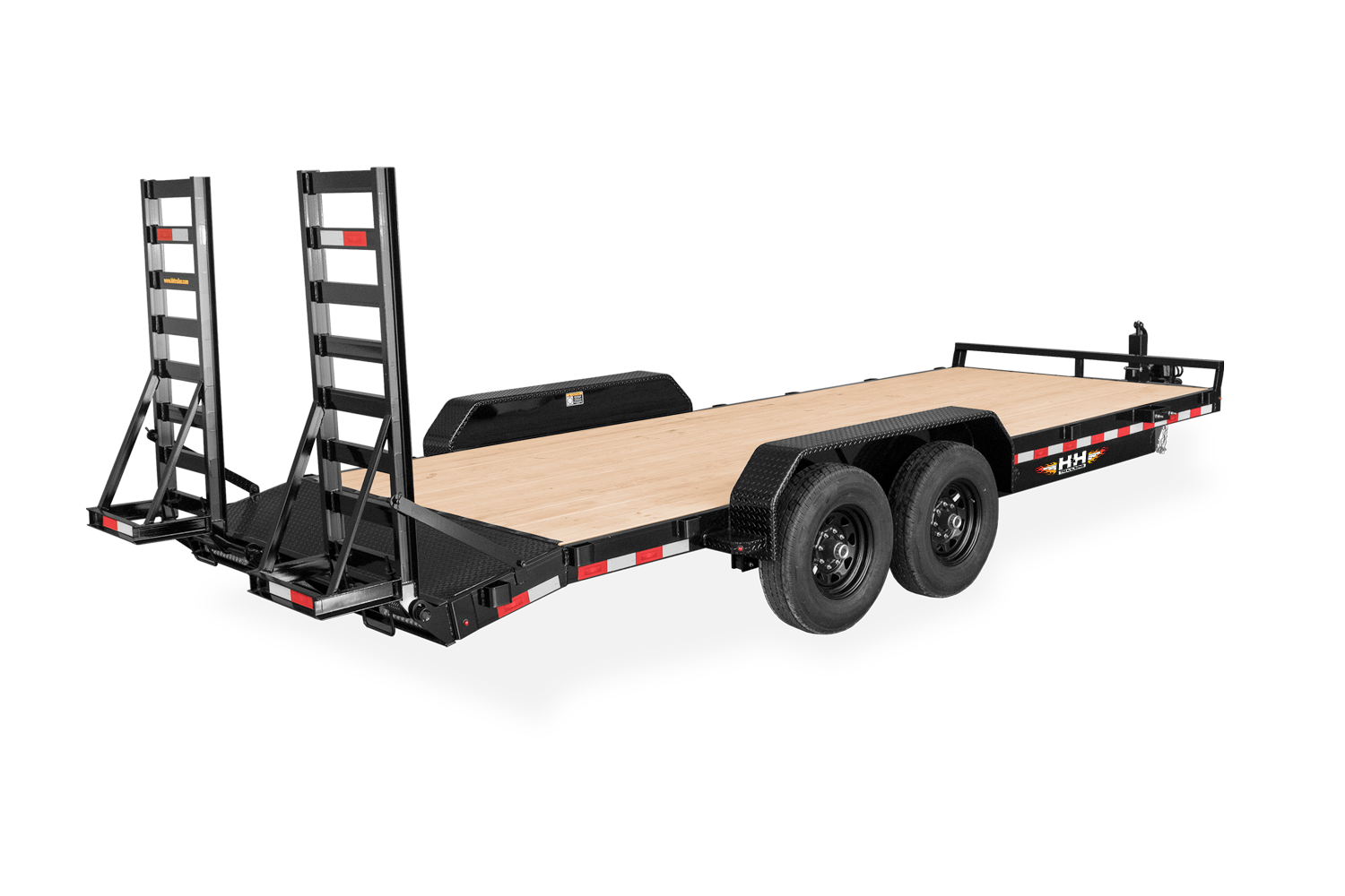 Black flatbed trailer with wooden deck, dual wheels, and rear ramps.