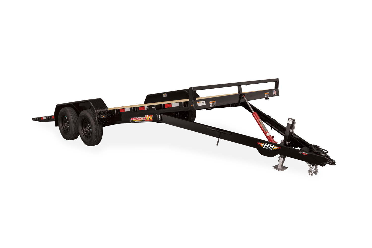 Black flatbed trailer with two axles.