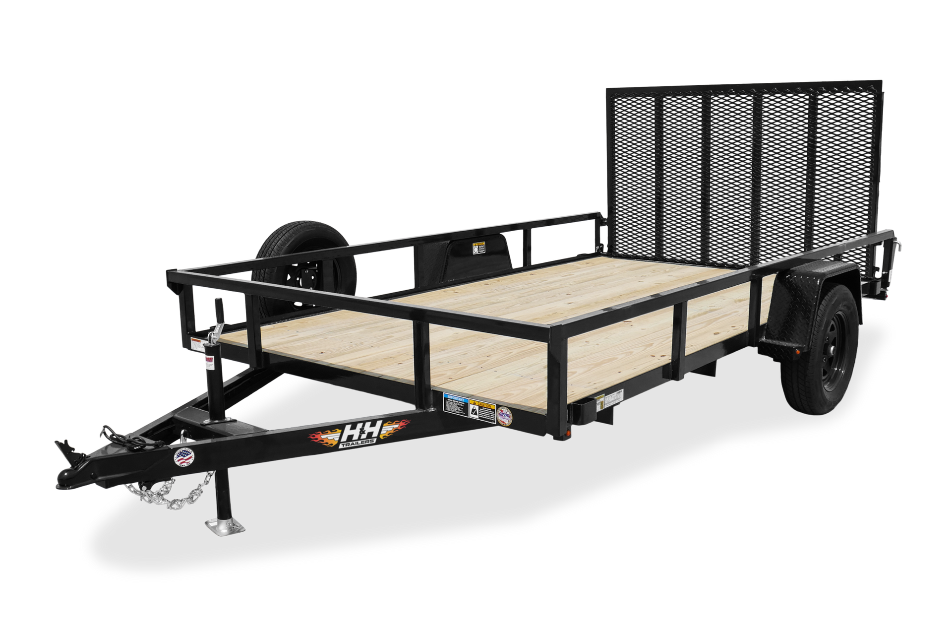 Black utility trailer with wood bed, safety rail, and mesh front.