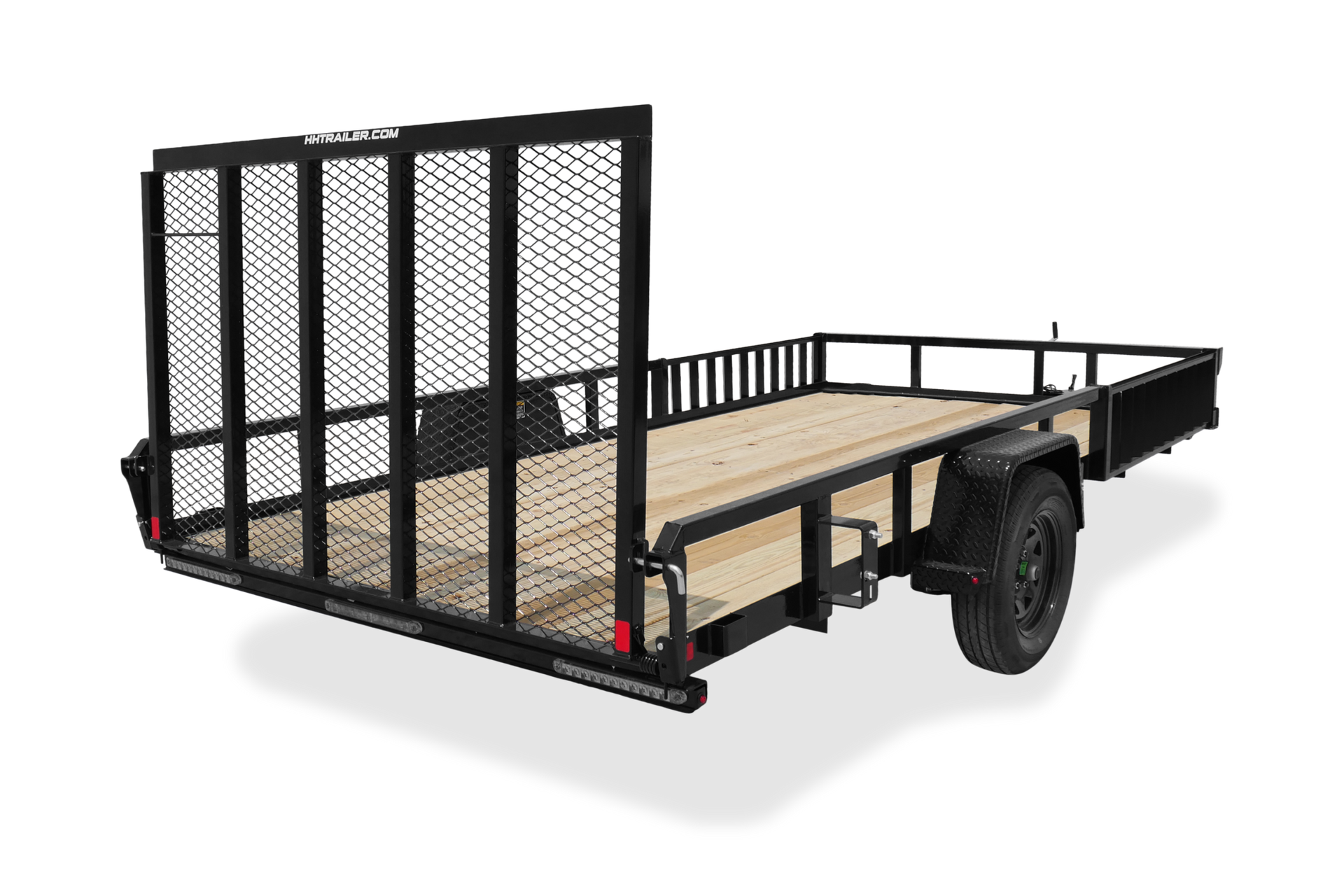Black utility trailer with wood bed and mesh sides, empty, on white background.