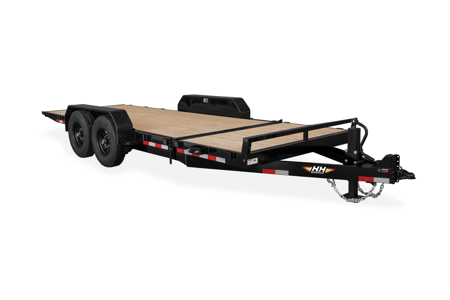 Black flatbed trailer with wooden deck, on a white background.