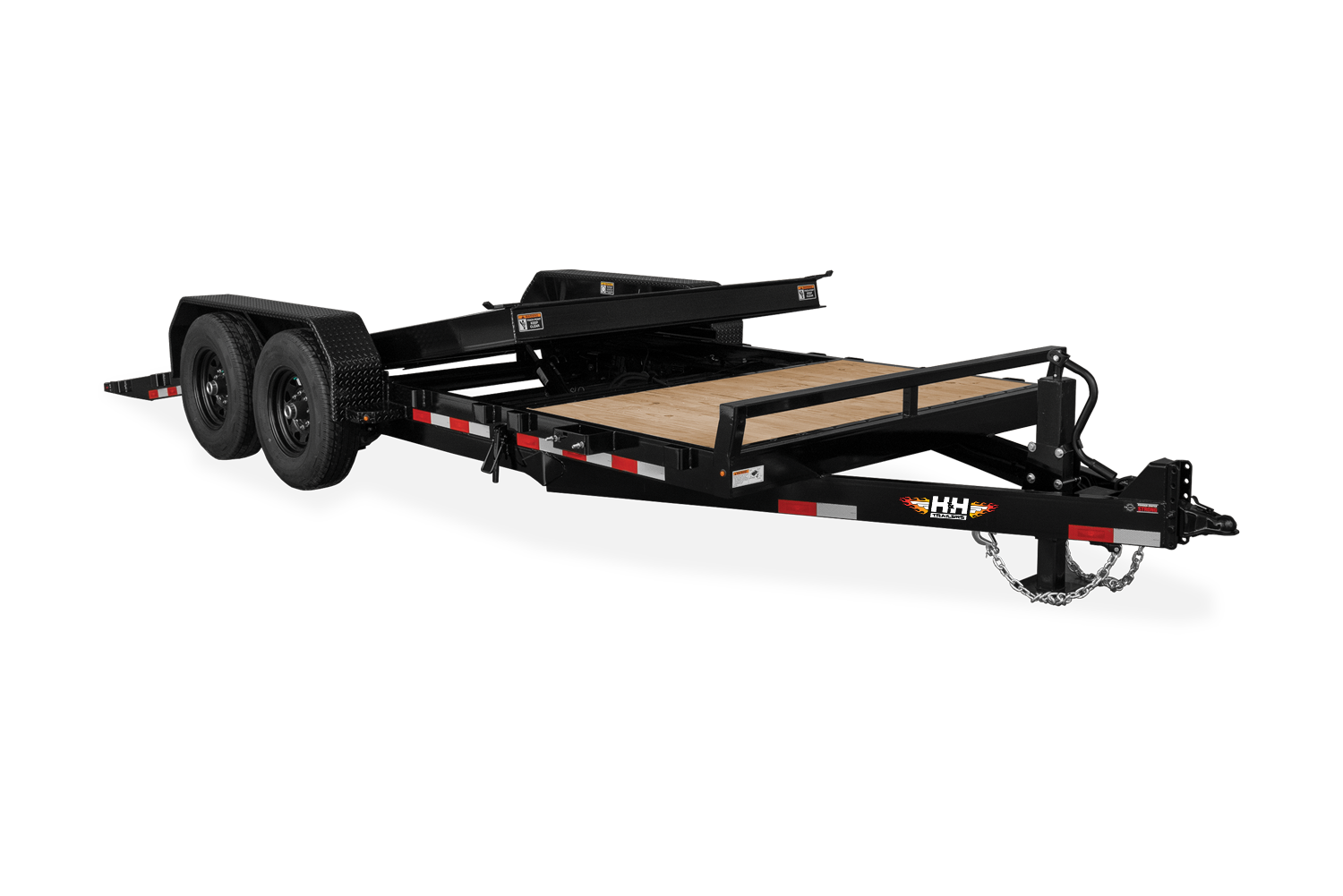 Black, dual-axle equipment trailer with a wooden deck and a tilting bed.