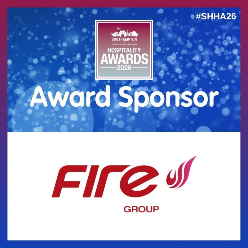 Hospitality Awards 2026 award sponsor banner featuring the Fire Group logo on a blue background
