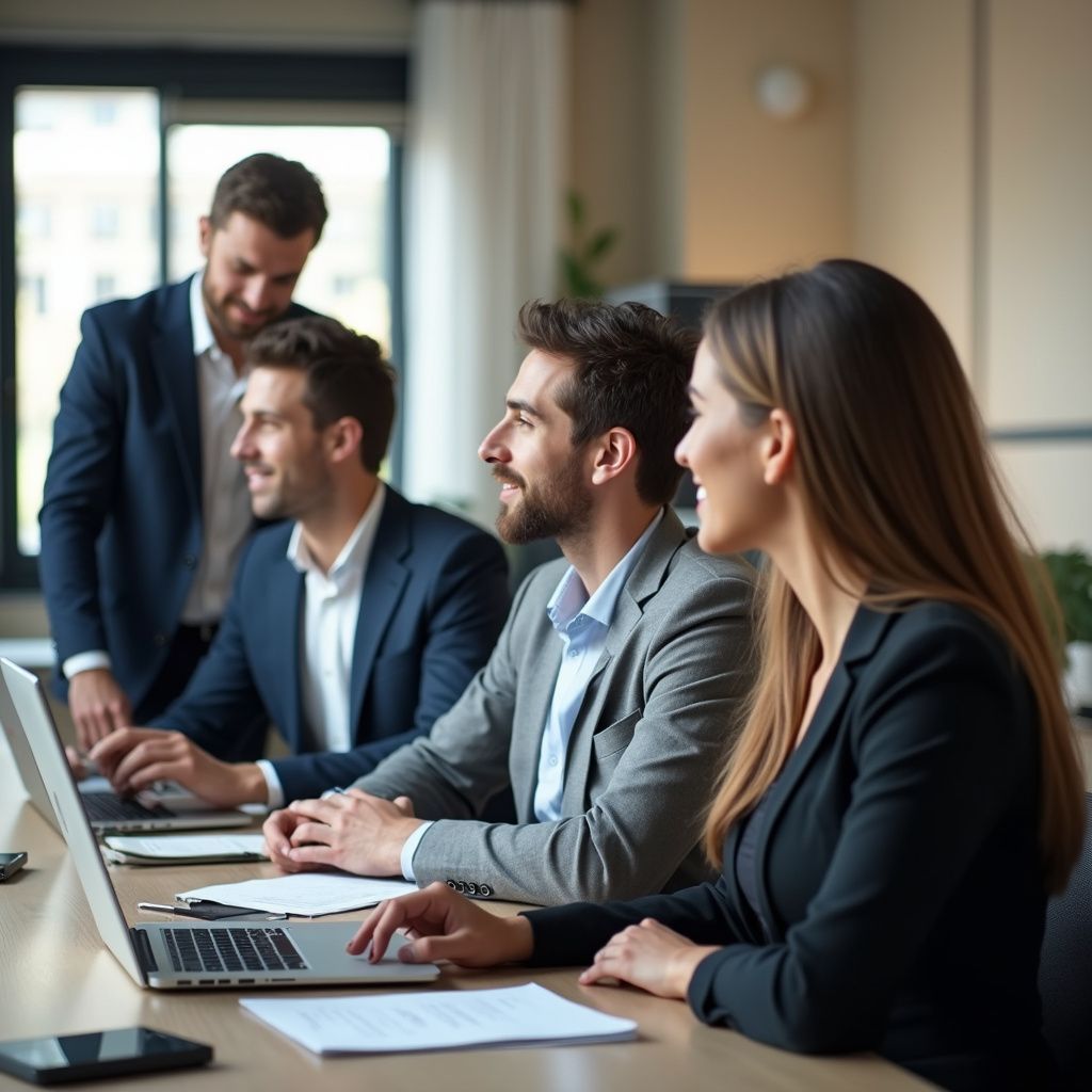 Business team in a meeting, focused on laptops and documents, in a modern office.