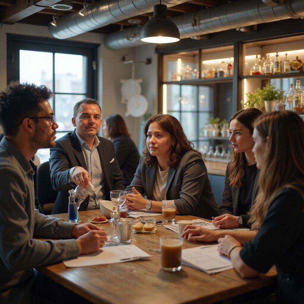 People seated around a table at a cafe, discussing documents and drinks, lit by overhead lighting.
