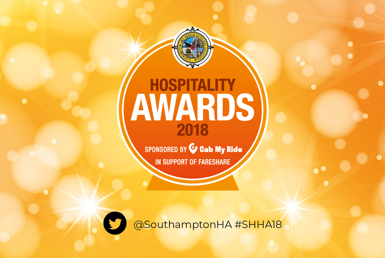Hospitality Awards 2018 logo: Orange circle on blurred yellow background. Sponsored by Bob My Kids. Southampton, UK.