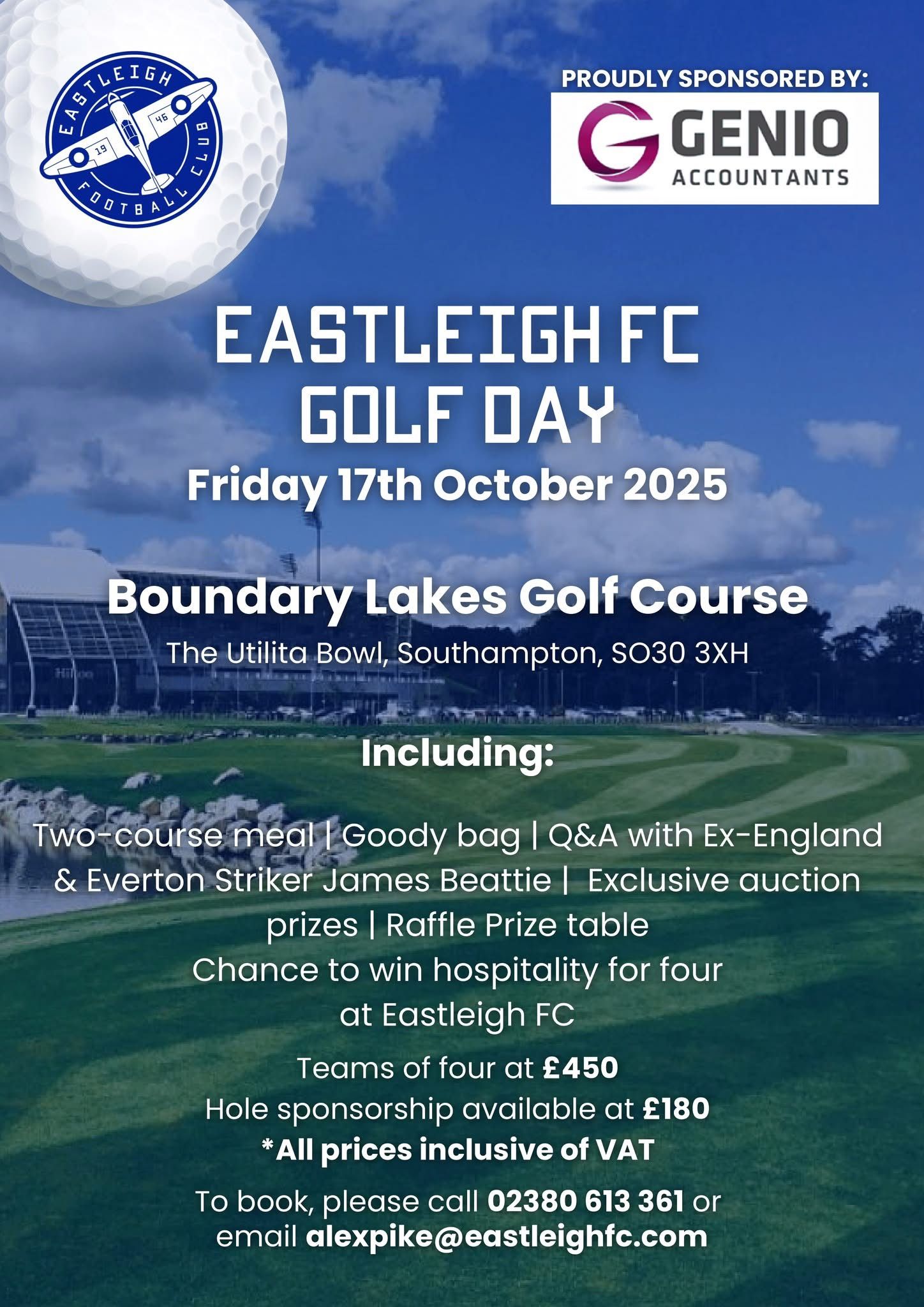 Poster for Eastleigh FC Golf Day on October 17, 2025, at Boundary Lakes Golf Course. Features logo, text, and sponsor.