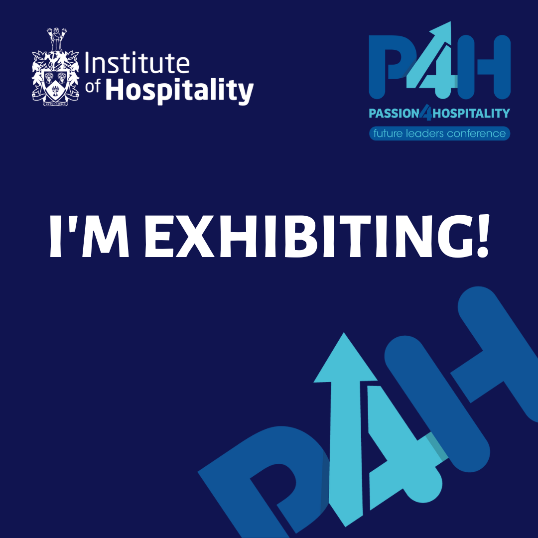 Blue graphic promoting the Institute of Hospitality and P4H. Text: