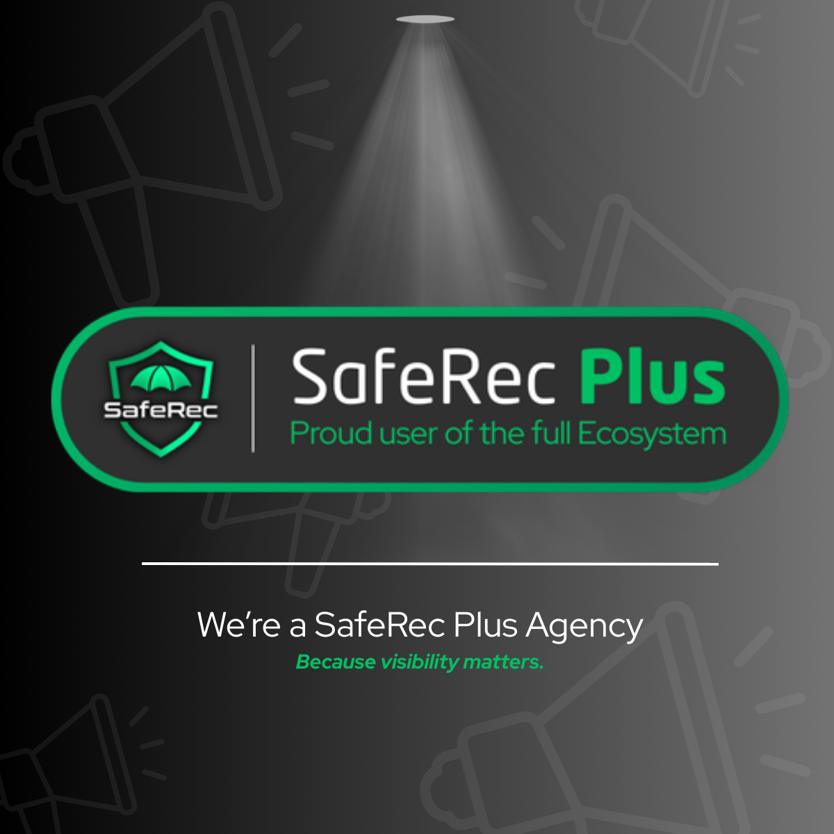 SafeRec Plus agency logo in green and white on a dark background with spotlight effect