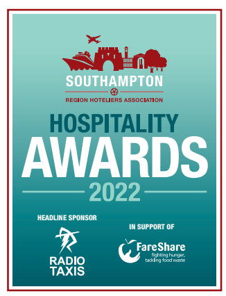 Southampton Hospitality Awards 2022 logo with sponsor Radio Taxis and FareShare in support. Features red city silhouette.