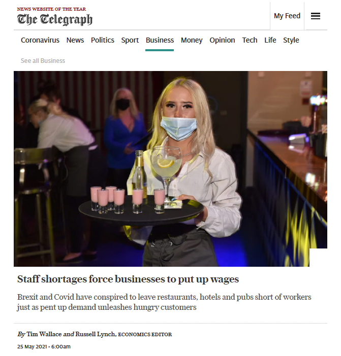 Waitress in mask holding tray with drinks. Headline: Staff shortages force businesses to put up wages.