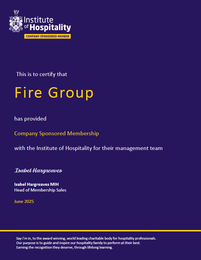 Certificate for Fire Group, purple background, Institute of Hospitality logo, text confirms company sponsored membership.