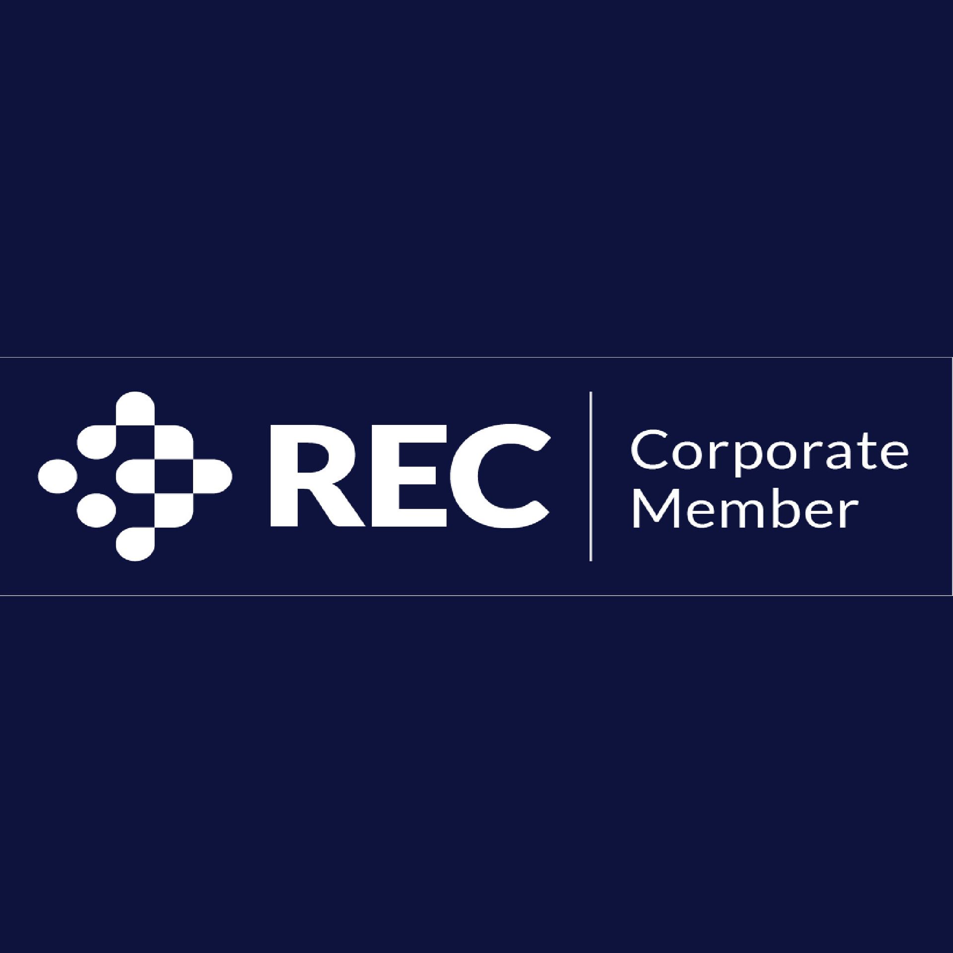 REC Corporate Member logo on a dark blue background. White text and a stylized graphic.