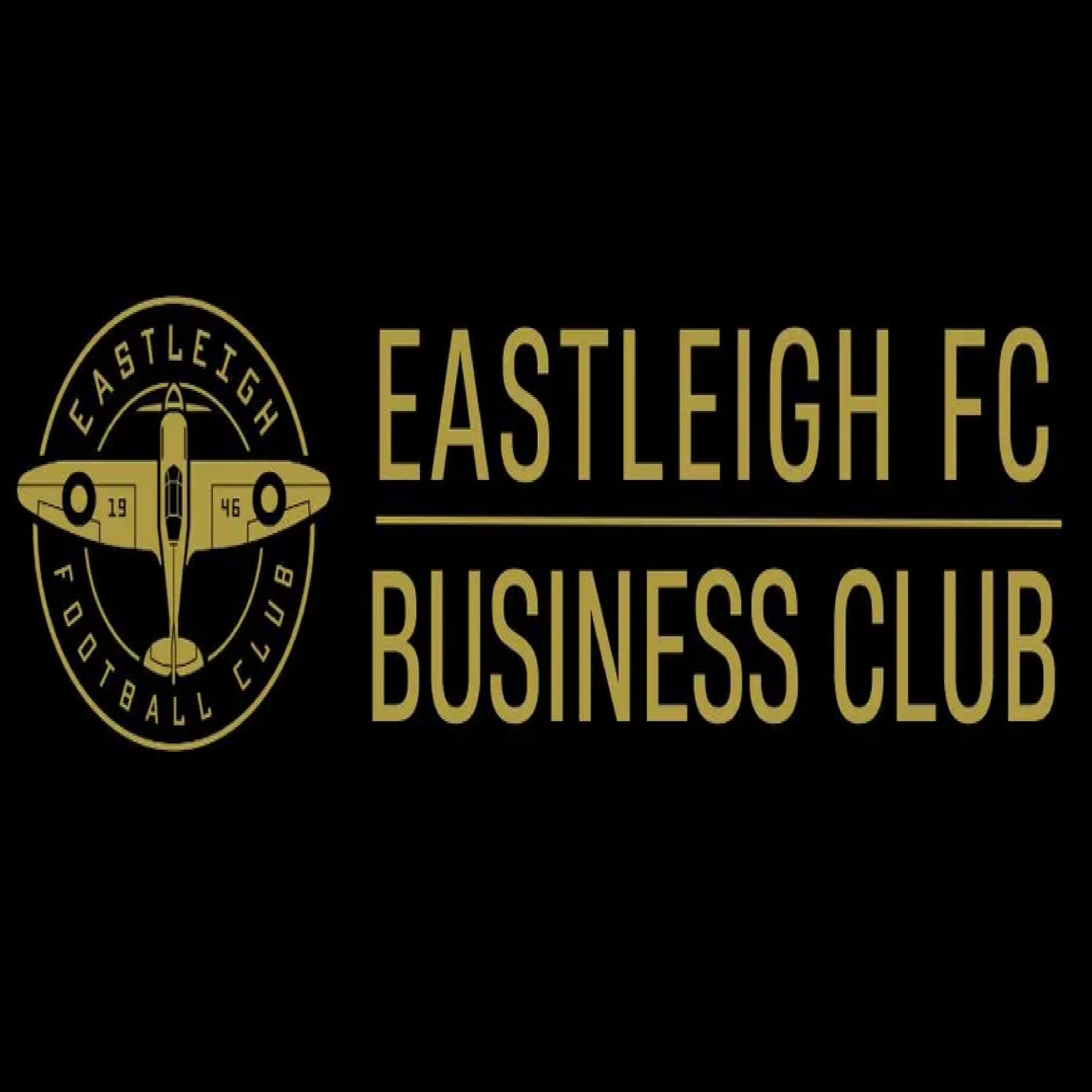 Eastleigh FC Business Club logo: gold airplane within a circle, gold text on black background.