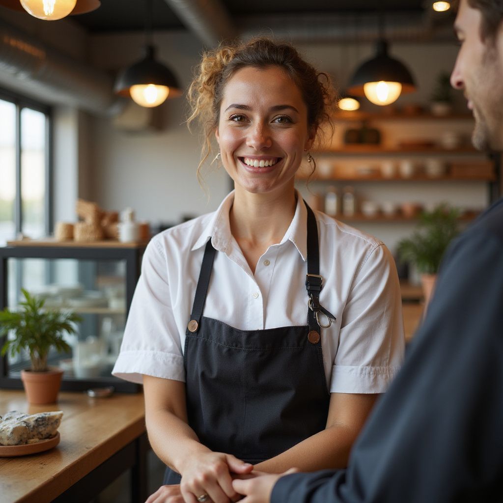 Woman in apron smiles at customer in a cafe.