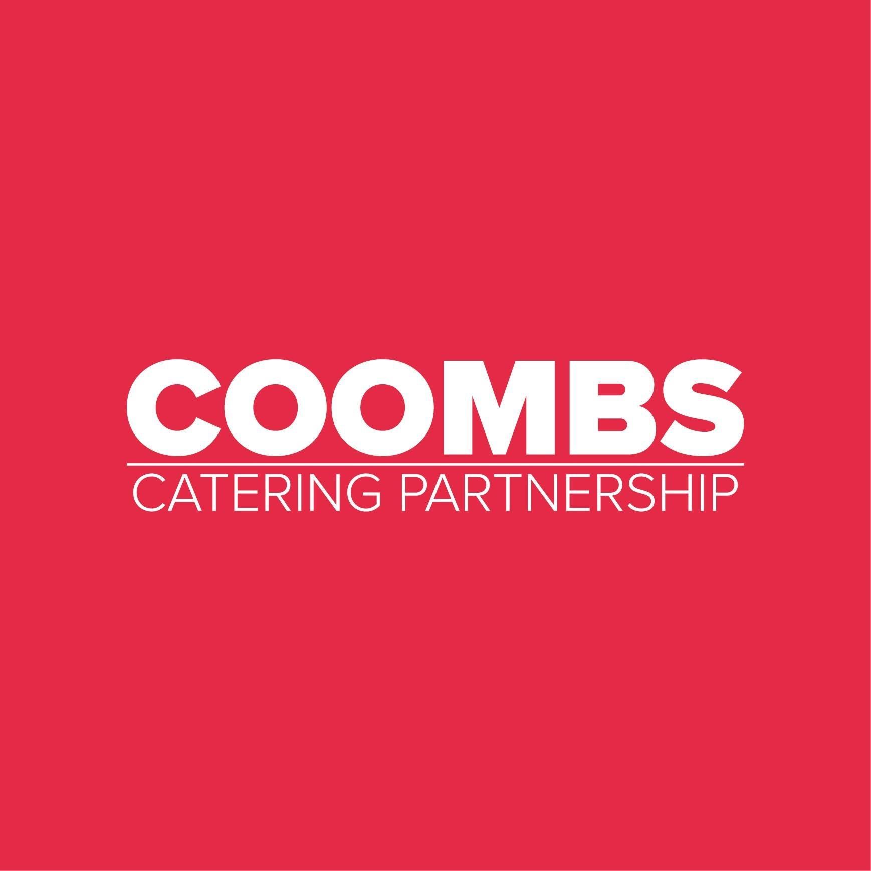Logo for Coombs Catering Partnership: white text on red background. The word 
