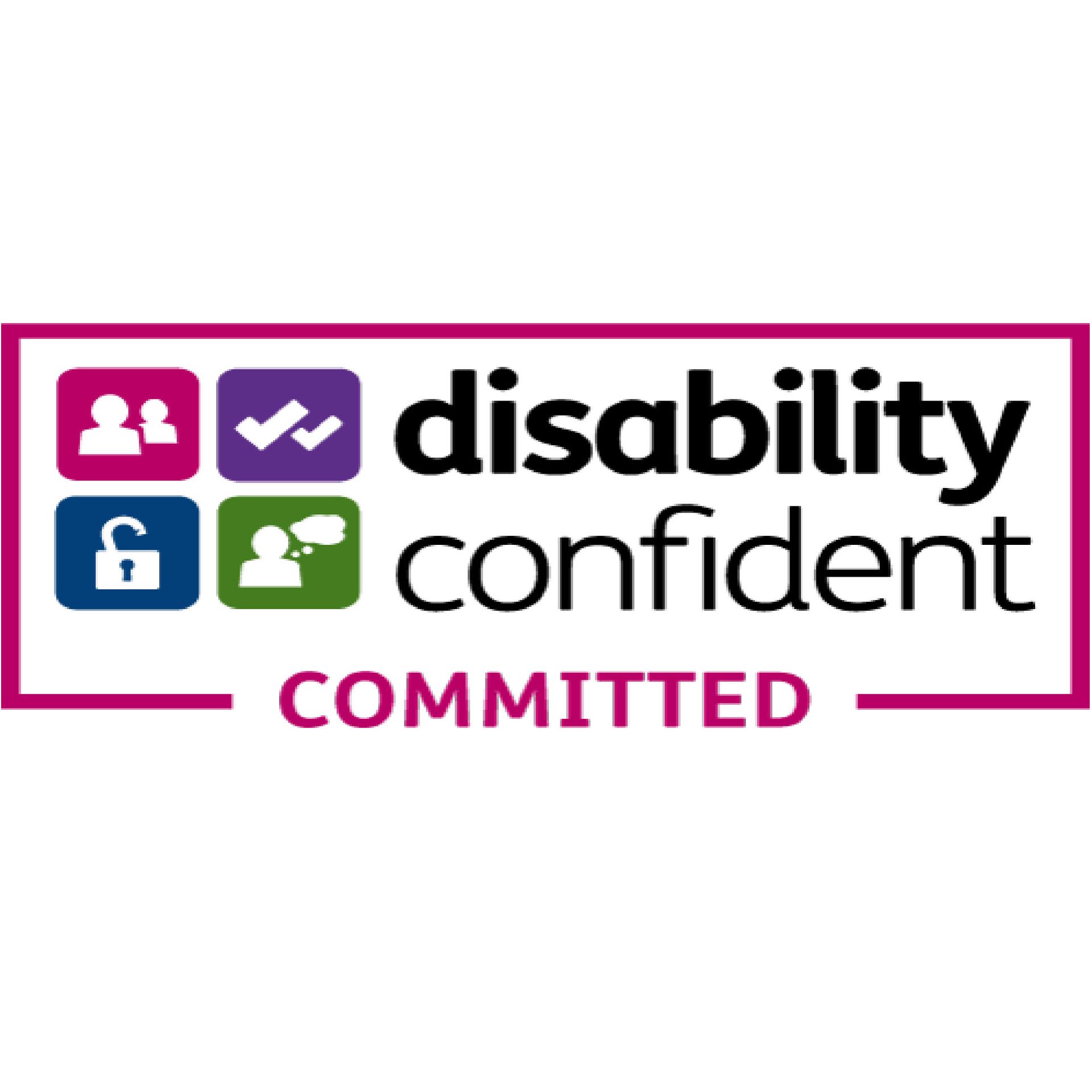 Disability Confident Committed logo: pink box, colorful icons, black text.