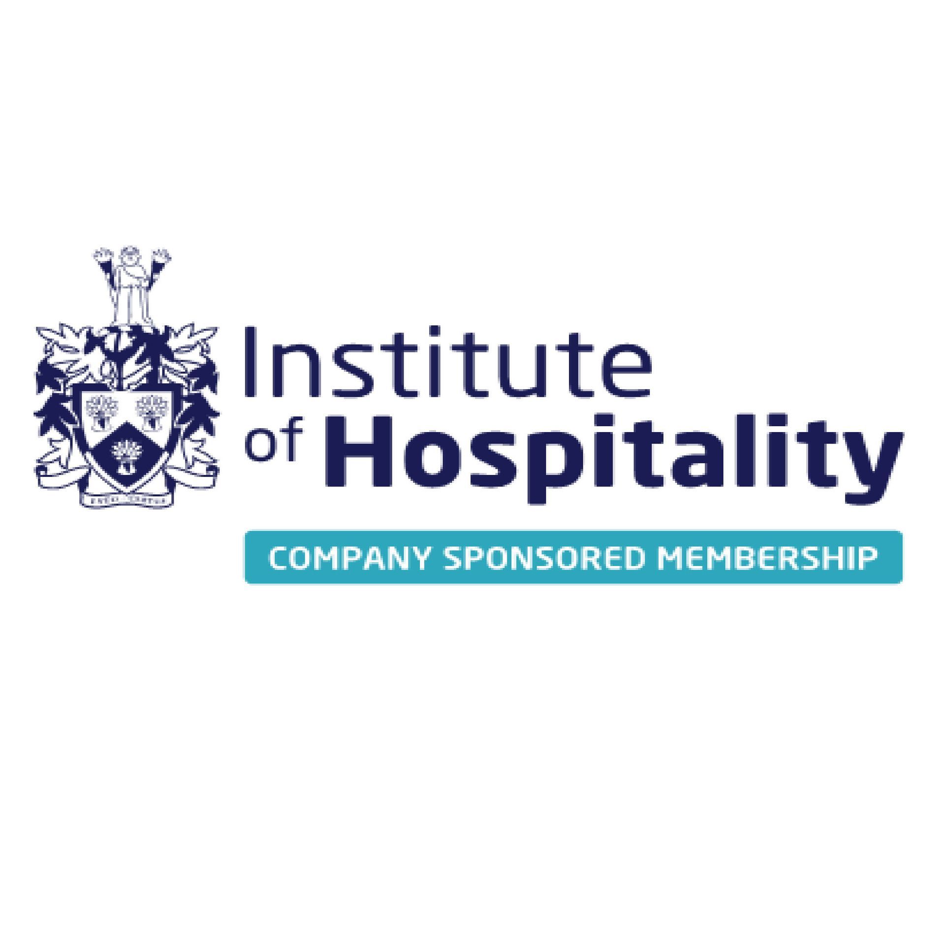 Logo for the Institute of Hospitality, with a coat of arms, dark blue text, and a turquoise banner.
