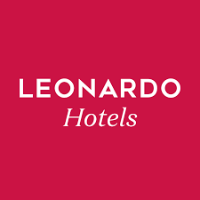 Leonardo Hotels logo on a crimson background. The word 