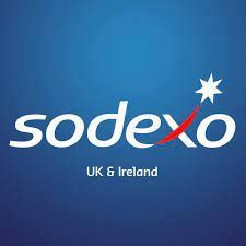 Sodexo UK & Ireland logo with white text on a blue background. Features a red arc and a star.