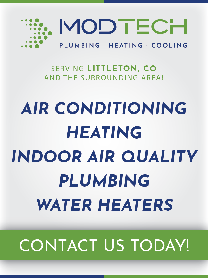 Advertisement for 'MOD TECH Residential Plumbing Service' that serves Littleton, CO and the surrounding area. The services offered include Faucet Installation, Water Heaters, Water Filtration, Sump Pumps, and more. The bottom of the advertisement encourages viewers to 'Contact Us Today!