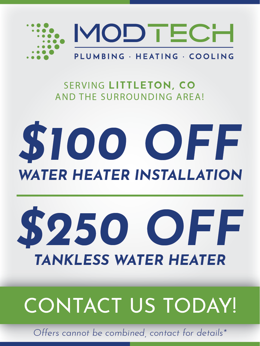 Advertisement for 'MOD TECH Residential Plumbing Service' that serves Littleton, CO and the surrounding area. The services offered include Faucet Installation, Water Heaters, Water Filtration, Sump Pumps, and more. The bottom of the advertisement encourages viewers to 'Contact Us Today!