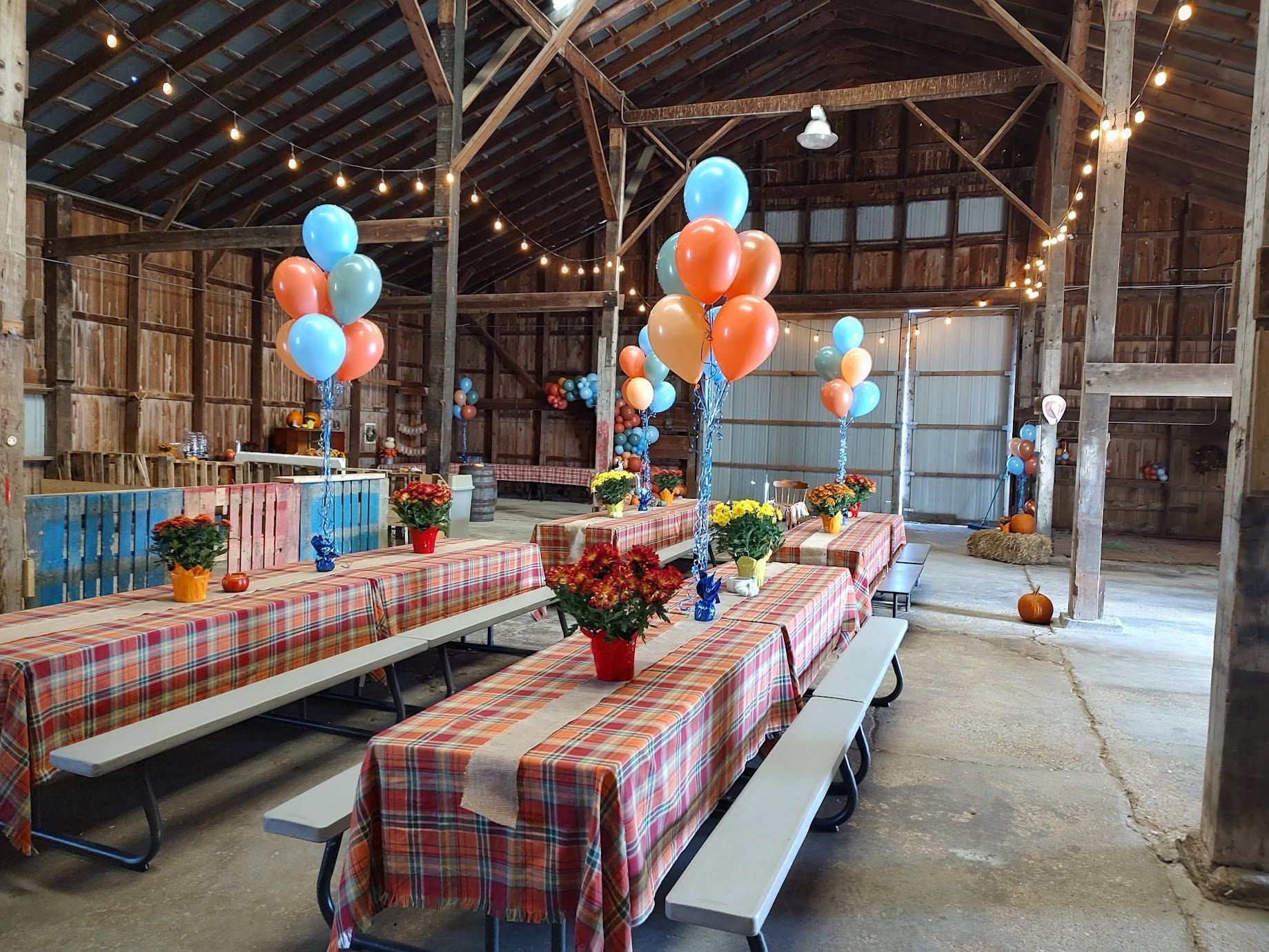 Rustic barn interior set for a party, with long tables, plaid cloths, flowers, and blue-orange balloons.