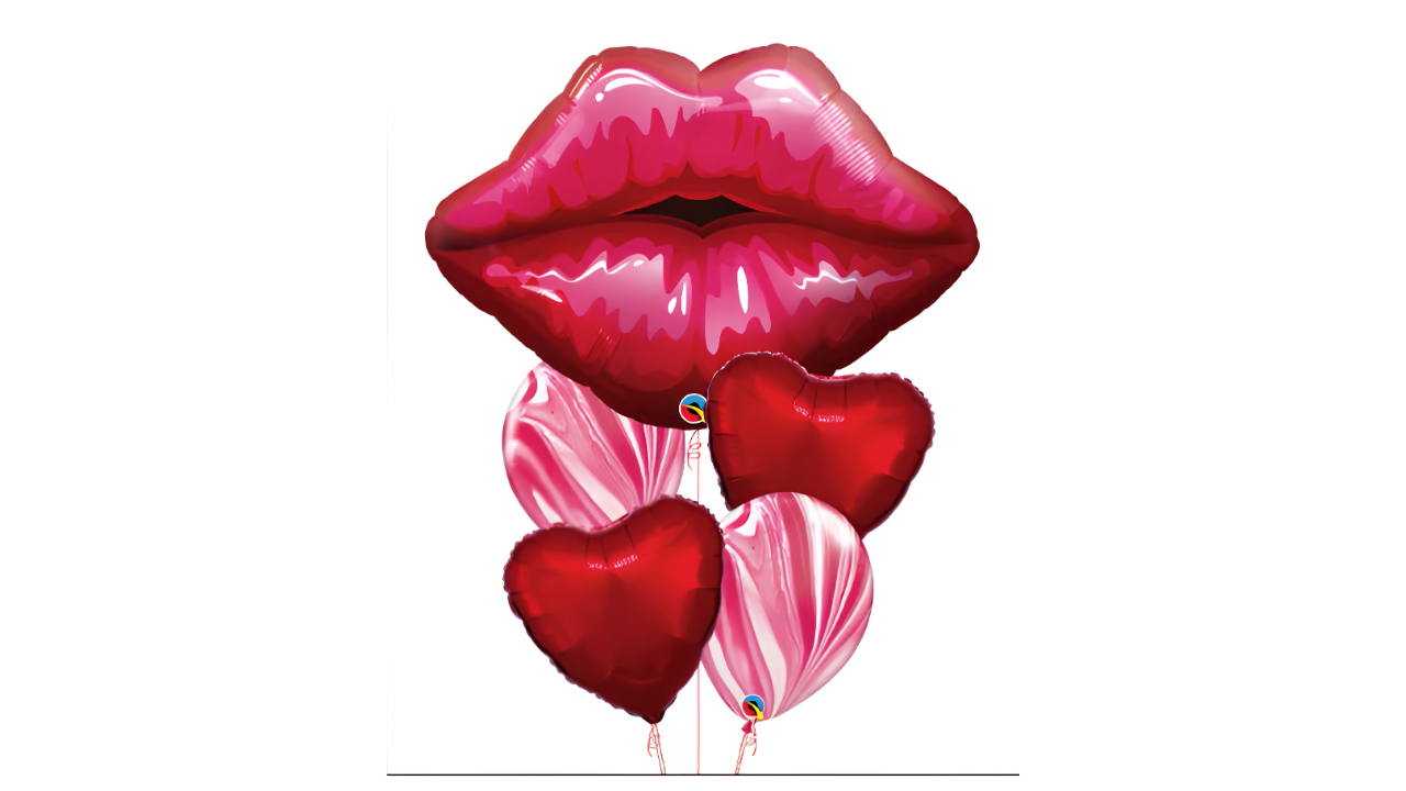 Red lips with three red and pink heart-shaped balloons on a white background