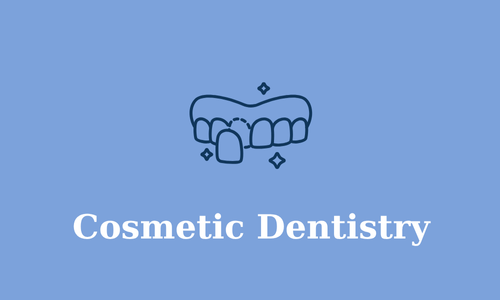 Icon of teeth, with one tooth highlighted, representing cosmetic dentistry. Blue background with white text.