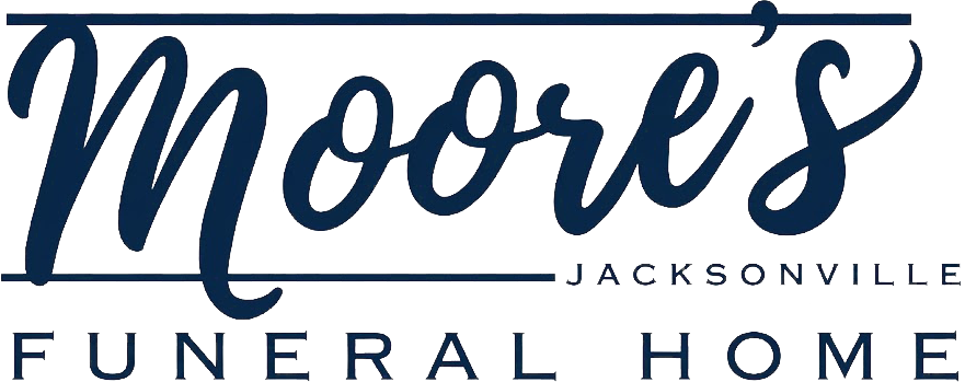 Moore’s Funeral Home logo in blue script with “Jacksonville” and “Funeral Home” text
