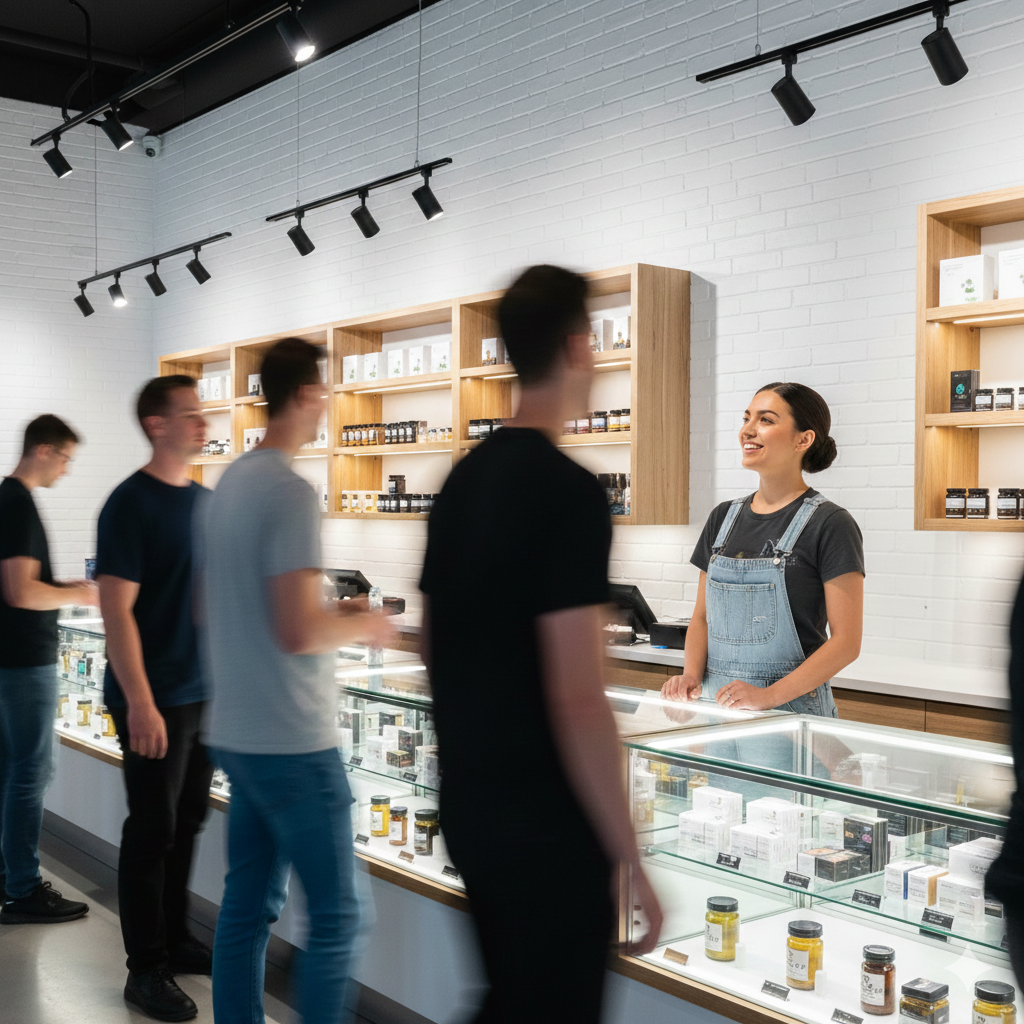 Customers at a bright market counter, with a smiling clerk behind a glass display and wall shelves of products.