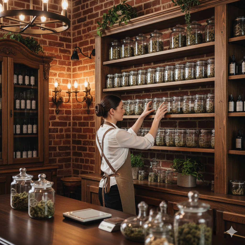 Person arranging jars on shelves in a cozy brick shop with warm lighting and glass containers.