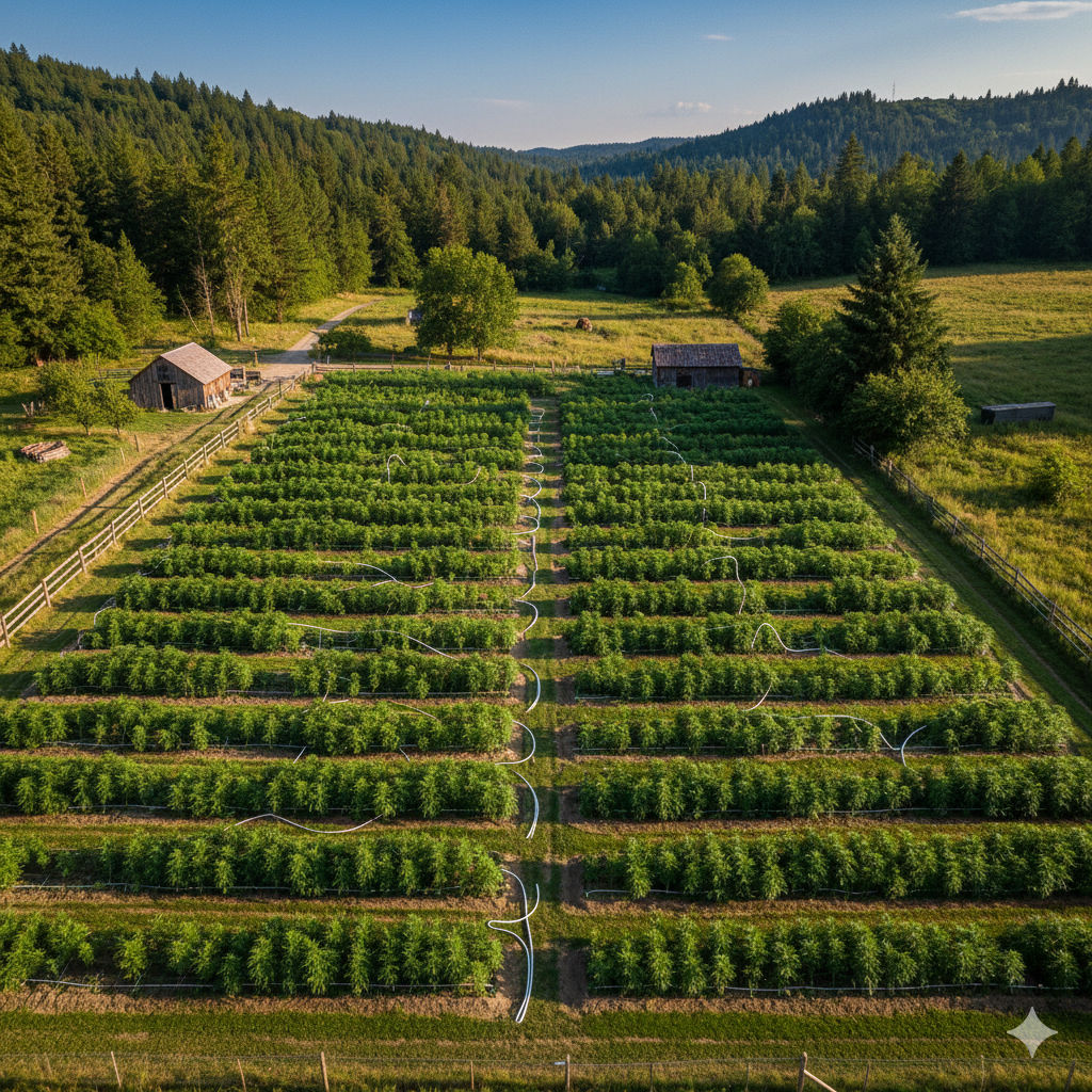 Aerial view of a green orchard or vineyard with rows of crops, bordered by forest and small buildings