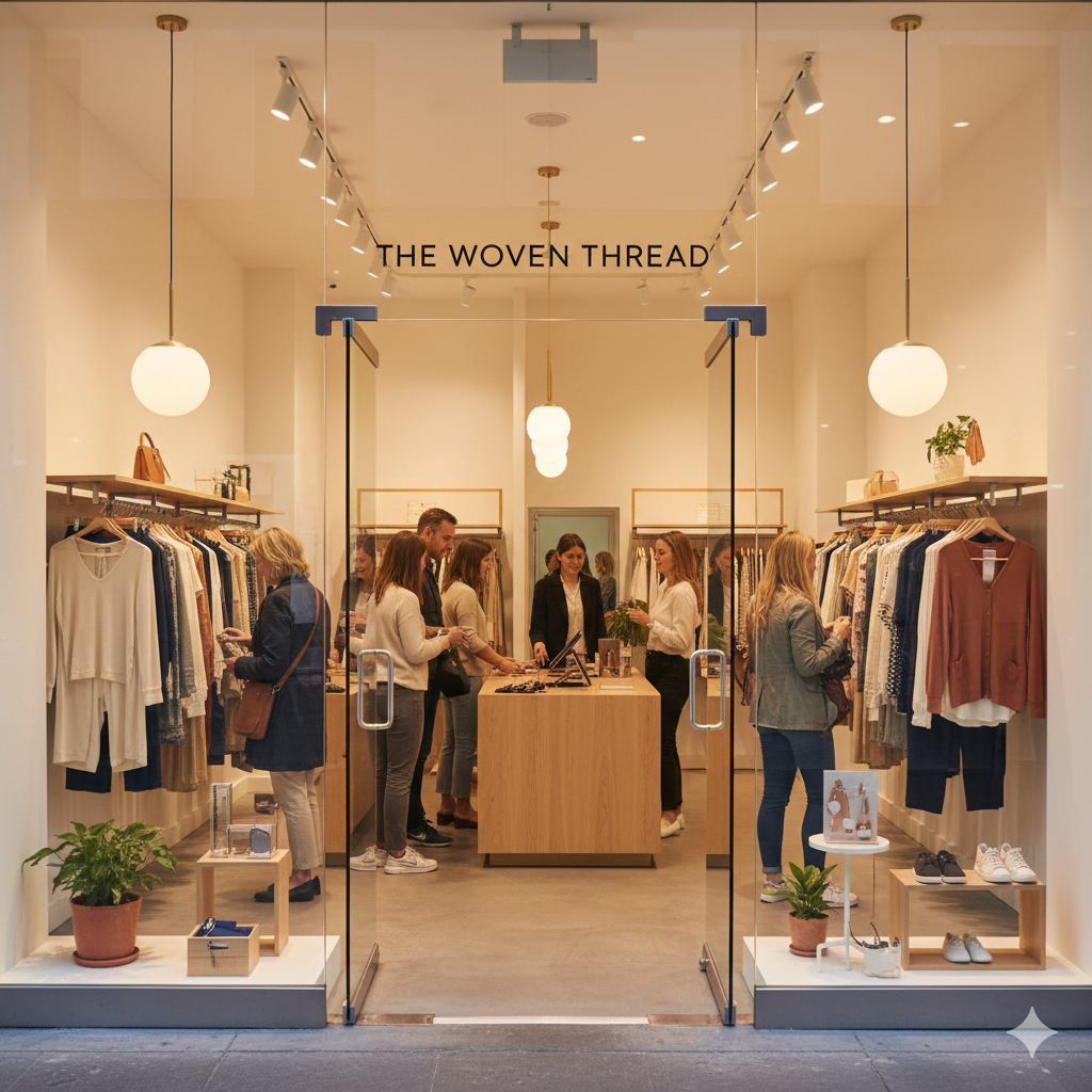Clothing boutique storefront with racks, hanging lights, and several shoppers inside