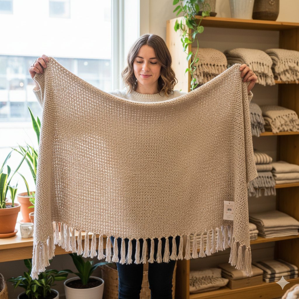 Person holding a beige crocheted throw blanket in a yarn shop