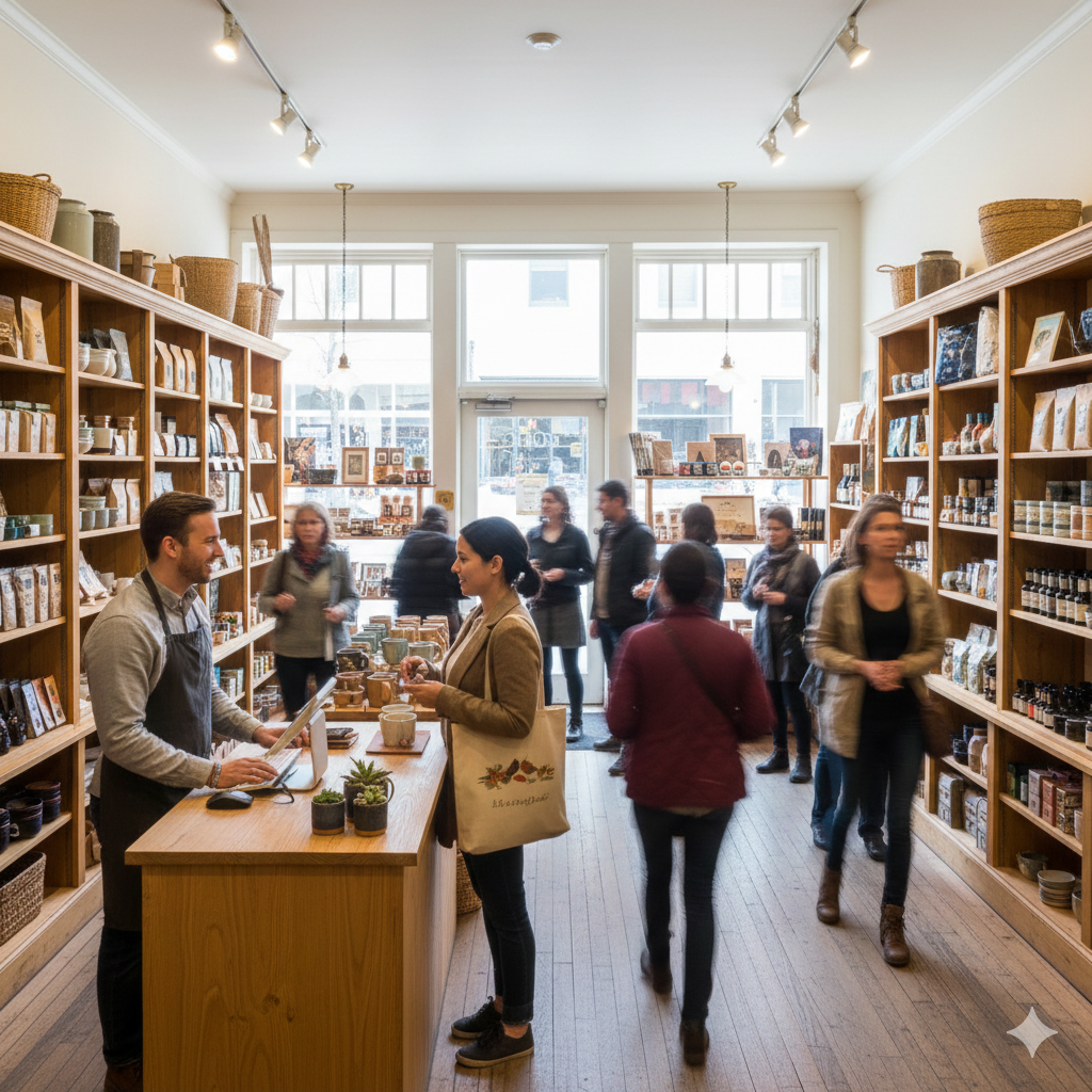 Bright bookstore with people browsing shelves and chatting near a front counter