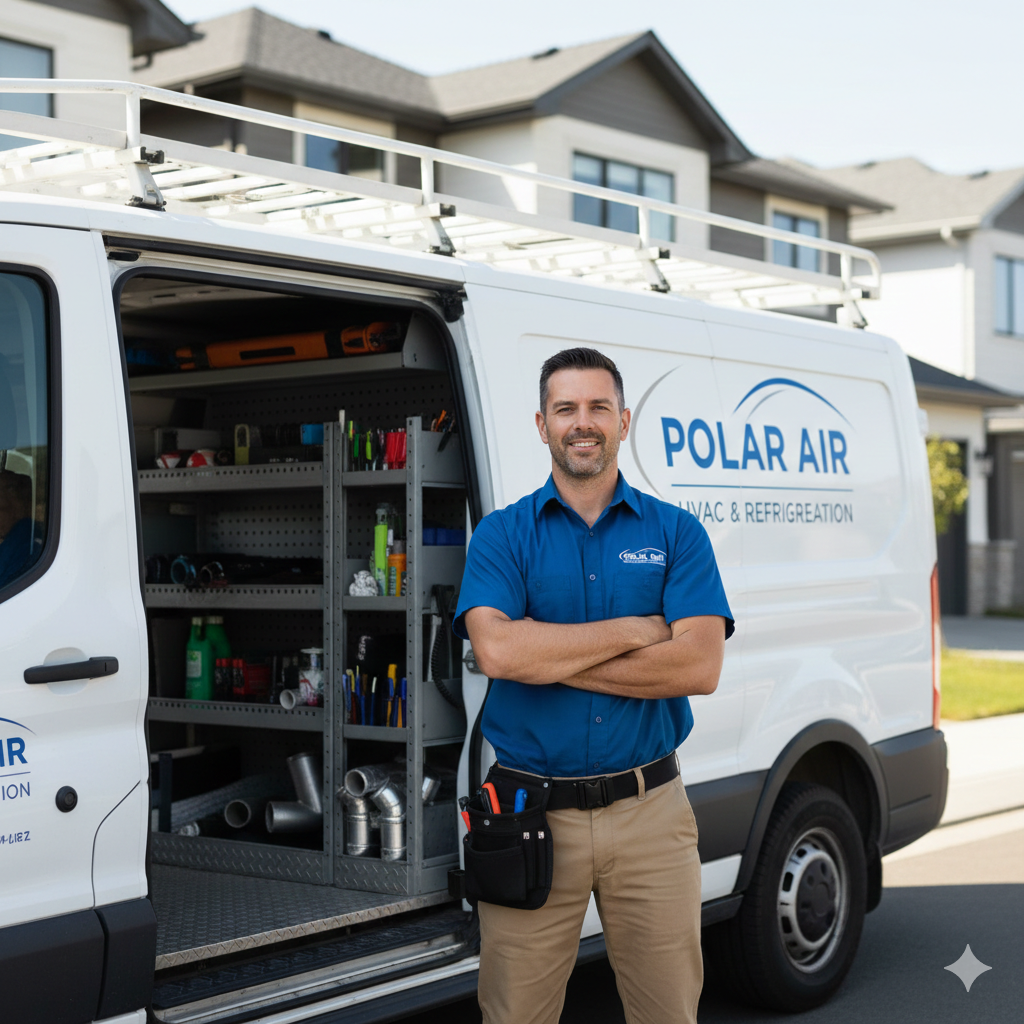 Technician stands by a Polar Air service van with open equipment shelves in a suburban driveway.