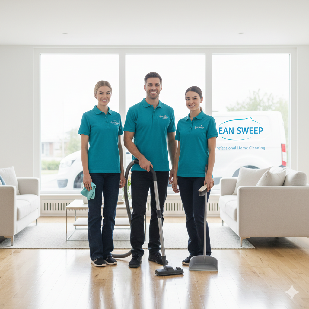 Three cleaners in teal uniforms standing in a bright living room with cleaning equipment