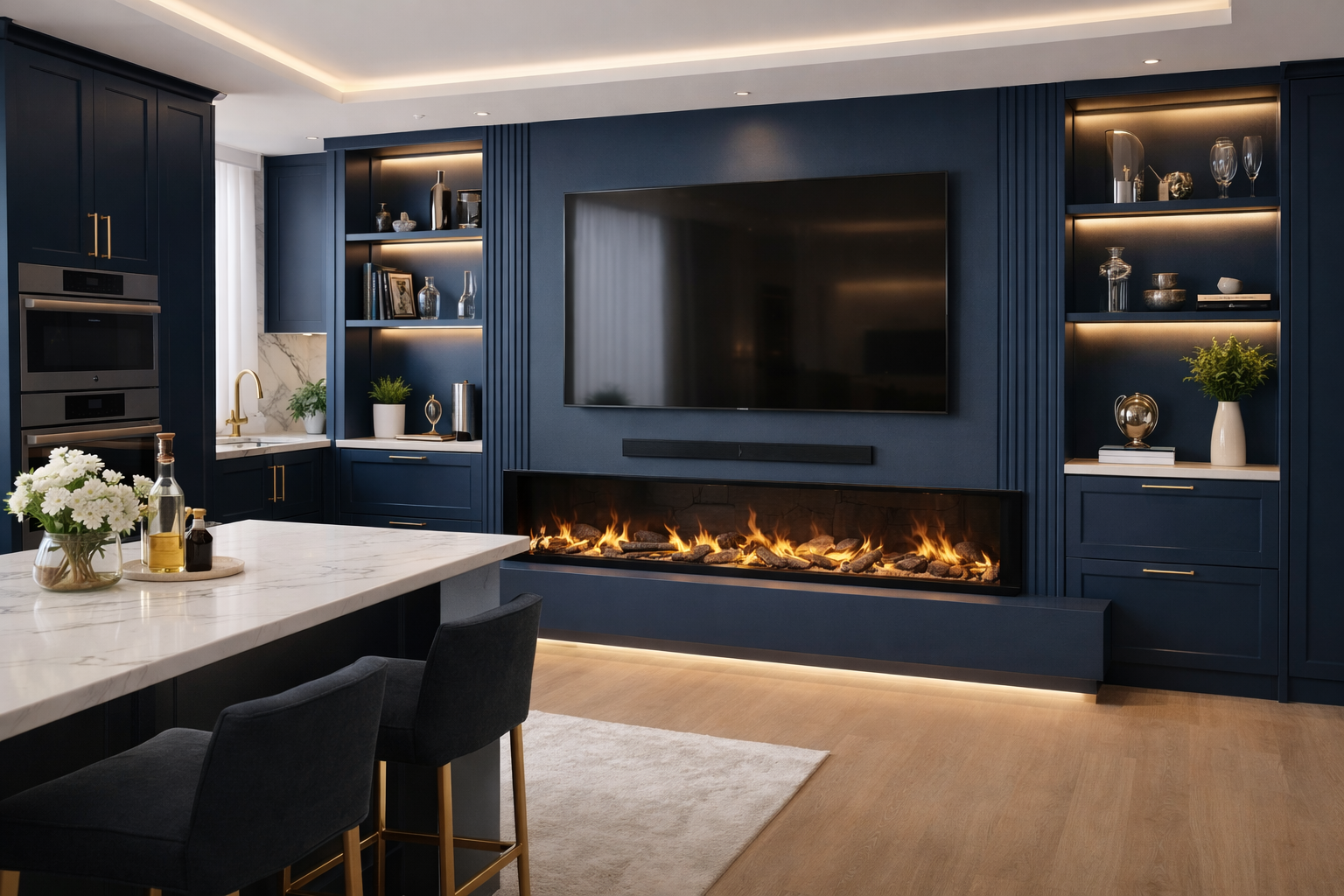 Navy blue kitchen with fireplace and large TV, open shelves, and a marble island with bar stools.