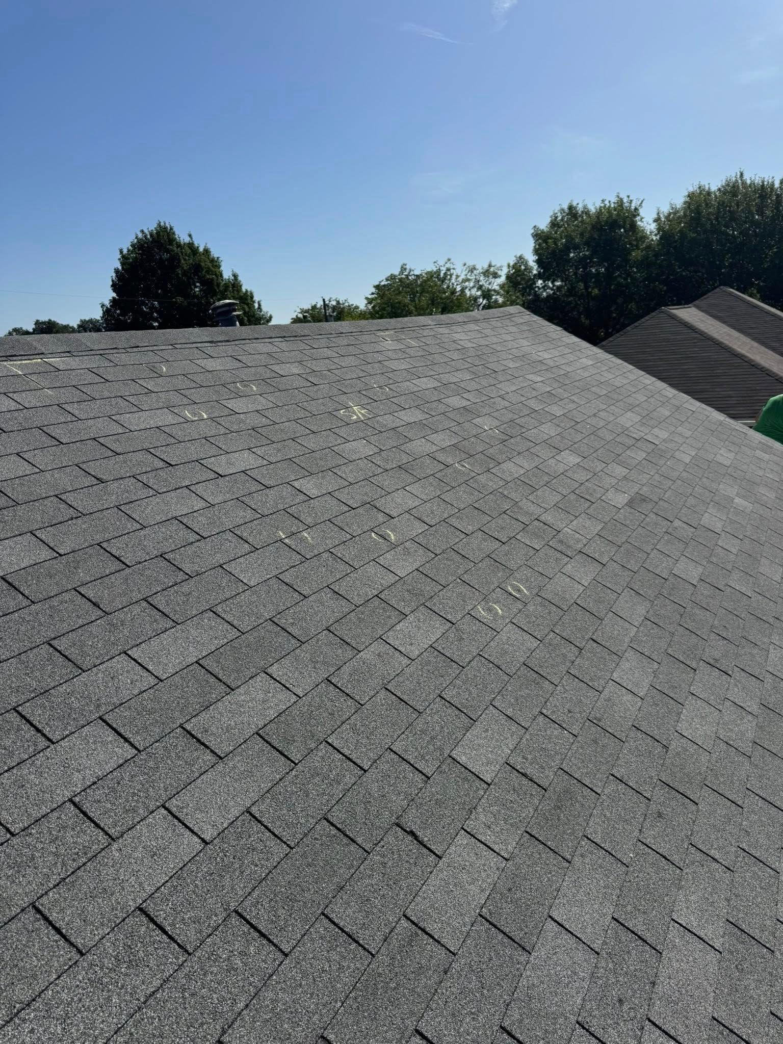 Gray shingled roof under a clear blue sky with trees in the background