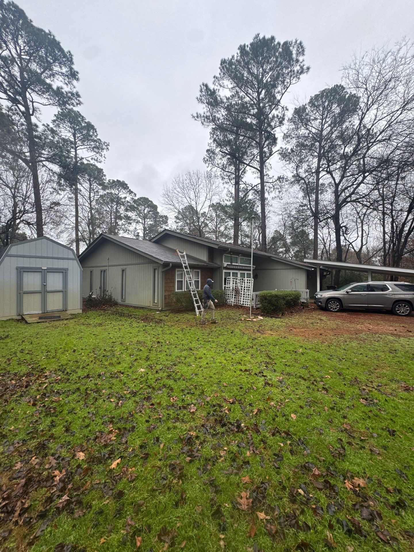 Single-story house with a gray shed, ladder, and SUV in a wet wooded yard