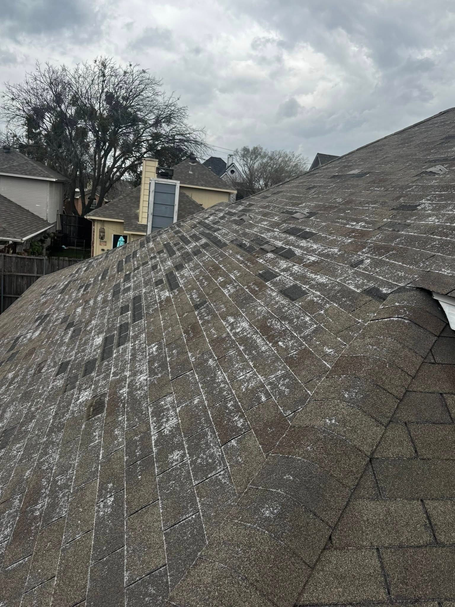 Close-up of a weathered shingle roof with white debris, under a cloudy sky and trees in the background